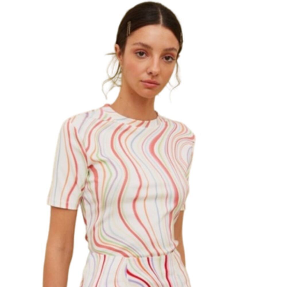 C/MEO Collective Show Off T-Shirt Ivory Rainbow Print Short Sleeve Size XS